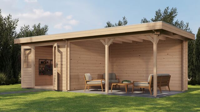 Trädgårdshus Motala - 7x3m (21 kvm) - Obehandlat – Framifrån vy av förrådet i trädgårdsmiljö.