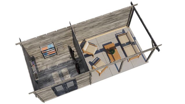 Trädgårdshus Motala - 7x3m (21 kvm) - Grå Tryckimpregnerat – 3D-vy ovanifrån av interiören med hyllor och verktyg.