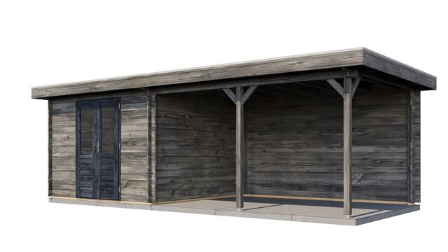 Trädgårdshus Motala - 7x3m (21 kvm) - Grå Tryckimpregnerat – Sned bakifrån vy som visar förrådets trästruktur och kompakta form.