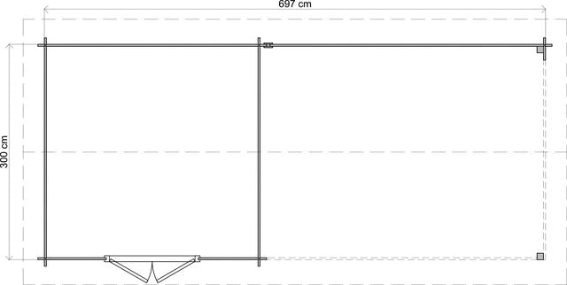 Trädgårdshus Boden - 7x3m (21kvm) - Obehandlat – Teknisk ritning som visar yttermått och form.