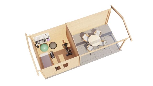 Trädgårdshus Boden - 7x3m (21kvm) - Obehandlat – 3D-vy av interiör med förvaring.