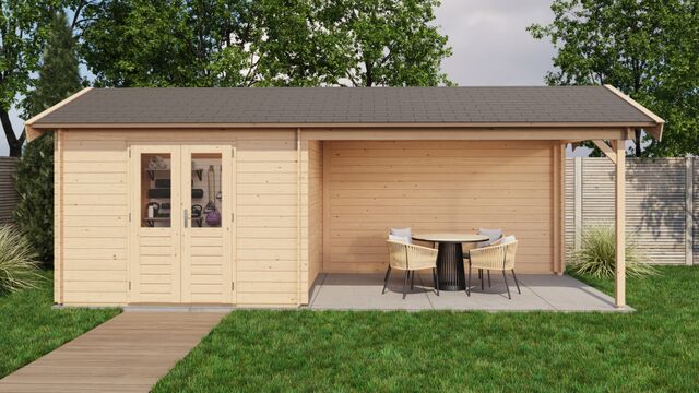 Trädgårdshus Boden - 7x3m (21kvm) - Obehandlat – Vy från sidan med stängd dörr.