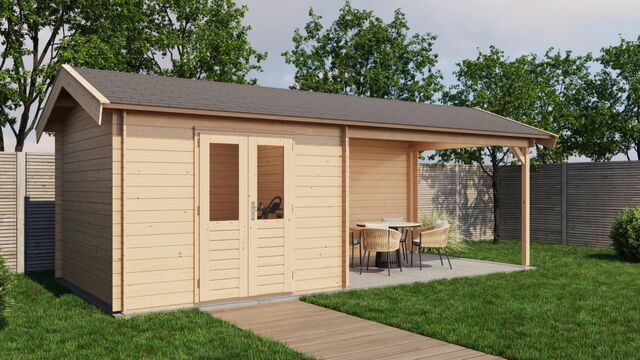 Trädgårdshus Boden - 7x3m (21kvm) - Obehandlat – Rakt framifrån där fasaden syns tydligt.