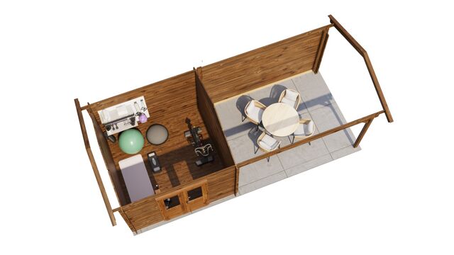 Trädgårdshus Boden - 7x3m (21 kvm) - Brun Tryckimpregnerat – 3D-vy ovanifrån av interiören med hyllor och verktyg.