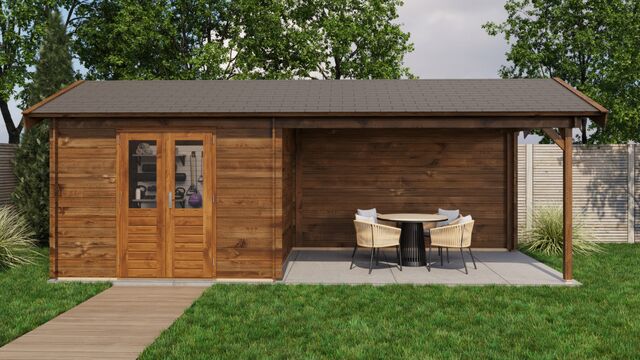 Trädgårdshus Boden - 7x3m (21 kvm) - Brun Tryckimpregnerat – Sidovy med stängt fönster och tydlig träpanel.