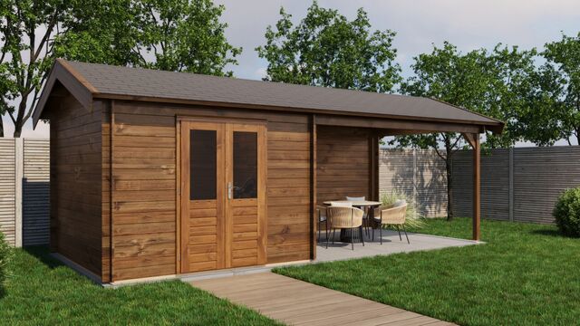 Trädgårdshus Boden - 7x3m (21 kvm) - Brun Tryckimpregnerat – Rakt framifrån fasadvy med dörr och fönster i stängt läge.