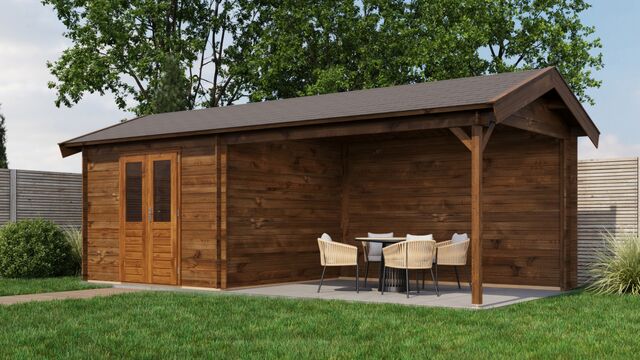 Trädgårdshus Boden - 7x3m (21 kvm) - Brun Tryckimpregnerat – Sned sidovy som visar fönstrets placering och bakre vägg.