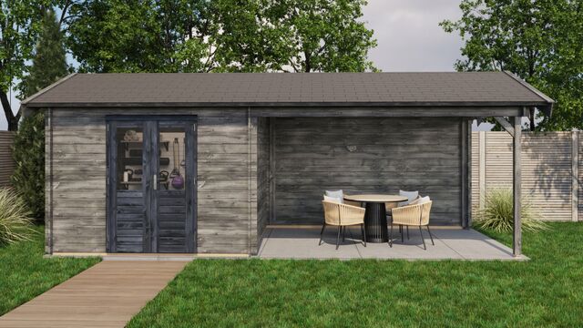 Trädgårdshus Boden - 7x3m (21 kvm) - Grå Tryckimpregnerat – Sidovy med stängt fönster och tydlig träpanel.