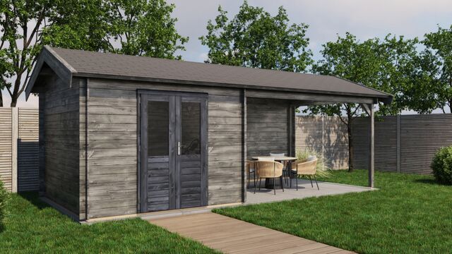 Trädgårdshus Boden - 7x3m (21 kvm) - Grå Tryckimpregnerat – Rakt framifrån fasadvy med dörr och fönster i stängt läge.
