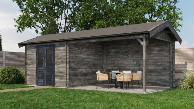 Trädgårdshus Boden - 7x3m (21 kvm) - Grå Tryckimpregnerat – Sned sidovy som visar fönstrets placering och bakre vägg.