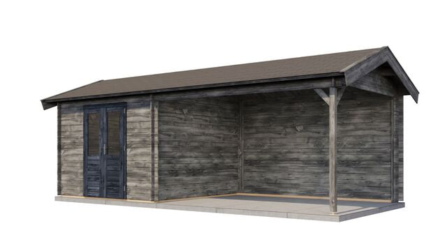 Trädgårdshus Boden - 7x3m (21 kvm) - Grå Tryckimpregnerat – Sned bakifrån vy som visar förrådets trästruktur och kompakta form.