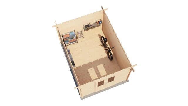 Förråd Lidingö - 3x4m (12 kvm) - Obehandlat – 3D-vy av interiör med förvaring.