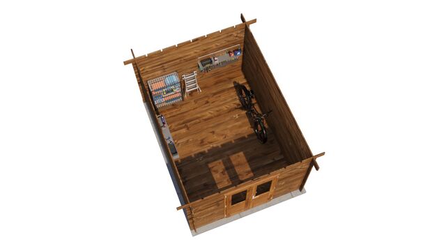 Förråd Lidingö - 3x4m (12 kvm) - Brun Tryckimpregnerat – 3D-vy ovanifrån av interiören med hyllor och verktyg.