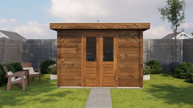 Förråd Lidingö - 3x4m (12 kvm) - Brun Tryckimpregnerat – Sidovy med stängt fönster och tydlig träpanel.