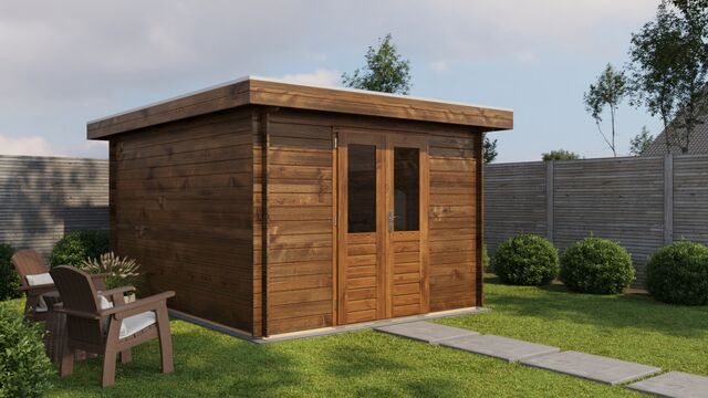 Förråd Lidingö - 3x4m (12 kvm) - Brun Tryckimpregnerat – Rakt framifrån fasadvy med dörr och fönster i stängt läge.