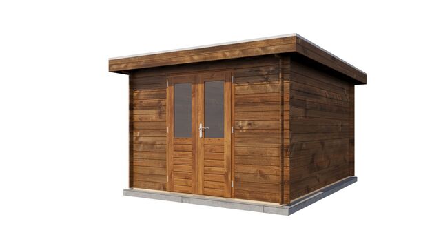 Förråd Lidingö - 3x4m (12 kvm) - Brun Tryckimpregnerat – Sned bakifrån vy som visar förrådets trästruktur och kompakta form.