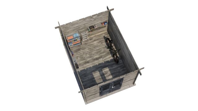 Förråd Lidingö - 3x4m (12 kvm) - Grå Tryckimpregnerat – 3D-vy ovanifrån av interiören med hyllor och verktyg.