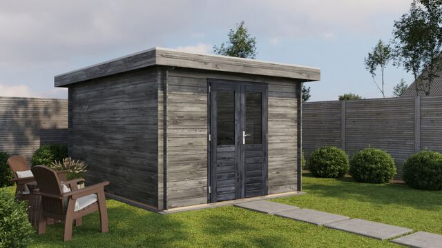 Förråd Lidingö - 3x4m (12 kvm) - Grå Tryckimpregnerat – Sned sidovy som visar fönstrets placering och bakre vägg.