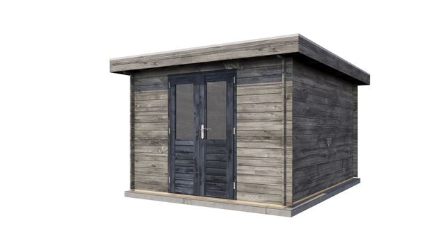 Förråd Lidingö - 3x4m (12 kvm) - Grå Tryckimpregnerat – Sned bakifrån vy som visar förrådets trästruktur och kompakta form.