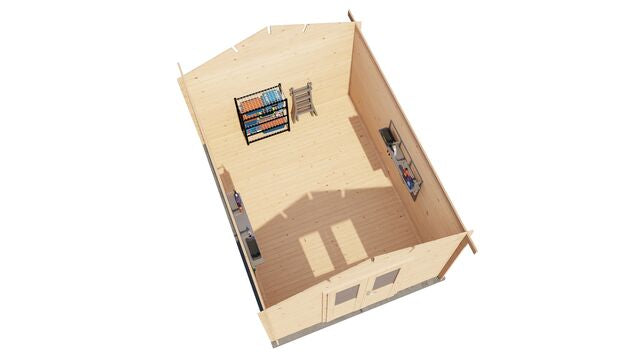 Förråd Sandviken - 3x4m (12kvm) - Obehandlat – 3D-vy av interiör med förvaring.