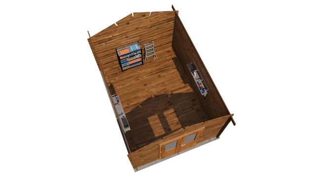 Förråd Sandviken - 3x4m (12kvm) - Brun Tryckimpregnerat – 3D-vy ovanifrån av interiören med hyllor och verktyg.