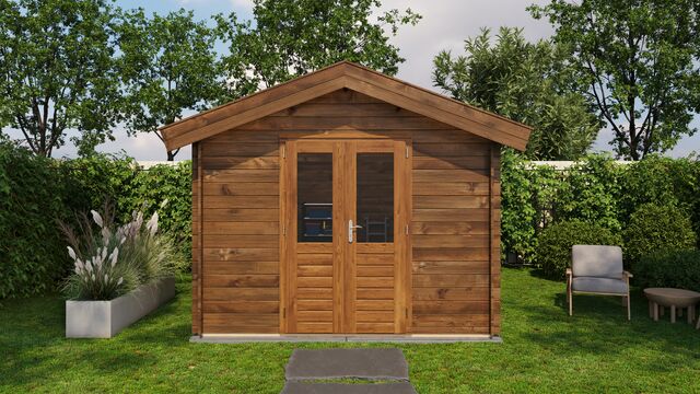 Förråd Sandviken - 3x4m (12kvm) - Brun Tryckimpregnerat – Sidovy med stängt fönster och tydlig träpanel.