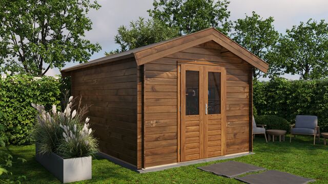 Förråd Sandviken - 3x4m (12kvm) - Brun Tryckimpregnerat – Rakt framifrån fasadvy med dörr och fönster i stängt läge.