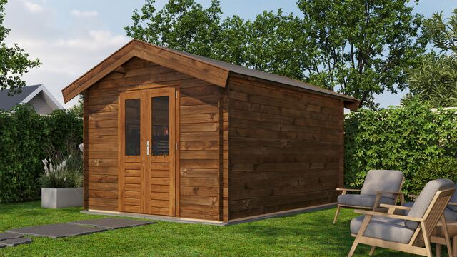 Förråd Sandviken - 3x4m (12kvm) - Brun Tryckimpregnerat – Sned sidovy som visar fönstrets placering och bakre vägg.