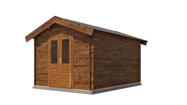 Förråd Sandviken - 3x4m (12kvm) - Brun Tryckimpregnerat – Sned bakifrån vy som visar förrådets trästruktur och kompakta form.