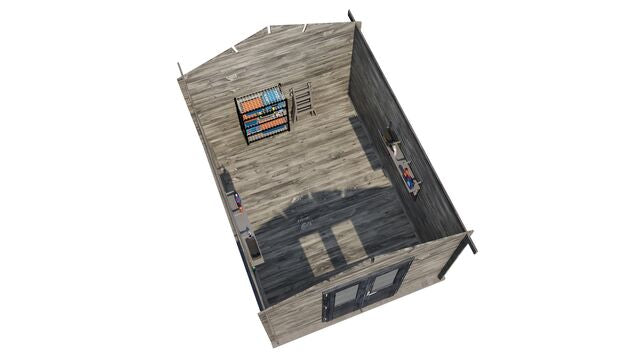 Förråd Sandviken - 3x4m (12kvm) - Grå Tryckimpregnerat – 3D-vy ovanifrån av interiören med hyllor och verktyg.