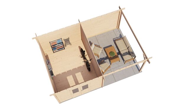 Trädgårdshus Piteå - 6x4m (24 kvm) - Obehandlat – 3D-vy av interiör med förvaring.