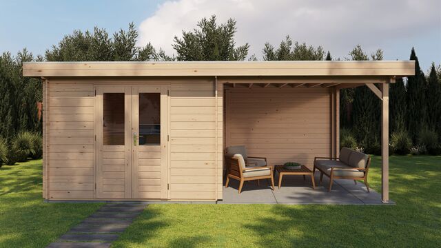 Trädgårdshus Piteå - 6x4m (24 kvm) - Obehandlat – Vy från sidan med stängd dörr.