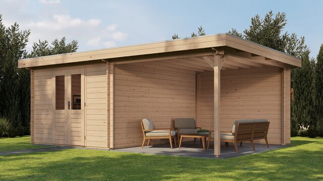 Trädgårdshus Piteå - 6x4m (24 kvm) - Obehandlat – Bakifrån vy som visar tak och bakvägg.