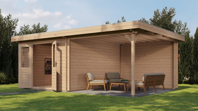 Trädgårdshus Piteå - 6x4m (24 kvm) - Obehandlat – Framifrån vy av förrådet i trädgårdsmiljö.