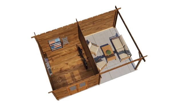 Trädgårdshus Piteå - 6x4m (24 kvm) - Brun Tryckimpregnerat – 3D-vy ovanifrån av interiören med hyllor och verktyg.