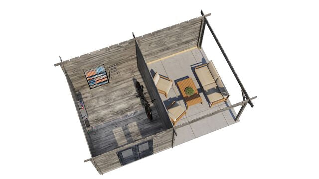 Trädgårdshus Piteå - 6x4m (24 kvm) - Grå Tryckimpregnerat – 3D-vy ovanifrån av interiören med hyllor och verktyg.