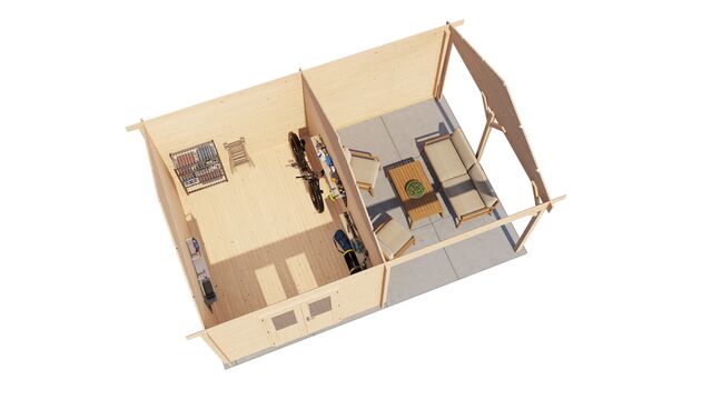 Trädgårdshus Vetlanda - 6x4m (24 kvm) - Obehandlat – 3D-vy av interiör med förvaring.