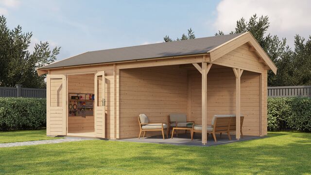 Trädgårdshus Vetlanda - 6x4m (24 kvm) - Obehandlat – Framifrån vy av förrådet i trädgårdsmiljö.