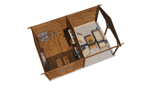 Trädgårdshus Vetlanda - 6x4m (24 kvm) - Brun Tryckimpregnerat – 3D-vy ovanifrån av interiören med hyllor och verktyg.