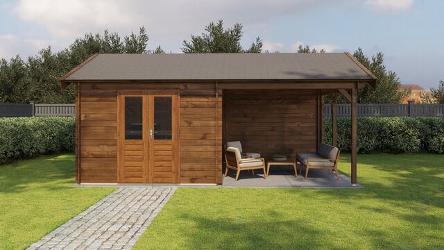 Trädgårdshus Vetlanda - 6x4m (24 kvm) - Brun Tryckimpregnerat – Sidovy med stängt fönster och tydlig träpanel.