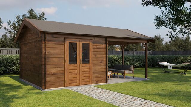Trädgårdshus Vetlanda - 6x4m (24 kvm) - Brun Tryckimpregnerat – Rakt framifrån fasadvy med dörr och fönster i stängt läge.