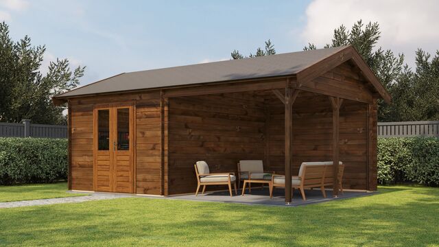 Trädgårdshus Vetlanda - 6x4m (24 kvm) - Brun Tryckimpregnerat – Sned sidovy som visar fönstrets placering och bakre vägg.