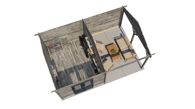 Trädgårdshus Vetlanda - 6x4m (24 kvm) - Grå Tryckimpregnerat – 3D-vy ovanifrån av interiören med hyllor och verktyg.