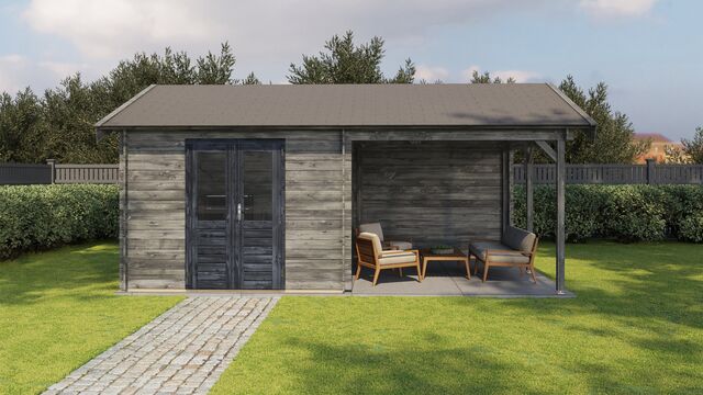 Trädgårdshus Vetlanda - 6x4m (24 kvm) - Grå Tryckimpregnerat – Sidovy med stängt fönster och tydlig träpanel.