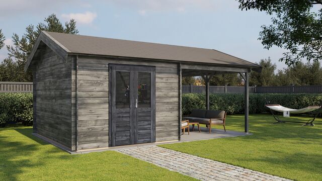 Trädgårdshus Vetlanda - 6x4m (24 kvm) - Grå Tryckimpregnerat – Rakt framifrån fasadvy med dörr och fönster i stängt läge.