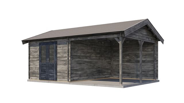 Trädgårdshus Vetlanda - 6x4m (24 kvm) - Grå Tryckimpregnerat – Sned bakifrån vy som visar förrådets trästruktur och kompakta form.