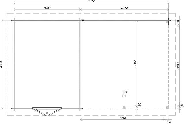 Trädgårdshus Trelleborg - 7x4m (28 kvm) - Obehandlat – Teknisk ritning som visar yttermått och form.