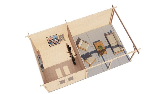 Trädgårdshus Trelleborg - 7x4m (28 kvm) - Obehandlat – 3D-vy av interiör med förvaring.