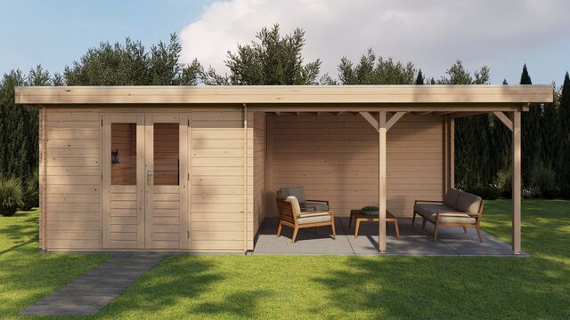 Trädgårdshus Trelleborg - 7x4m (28 kvm) - Obehandlat – Vy från sidan med stängd dörr.