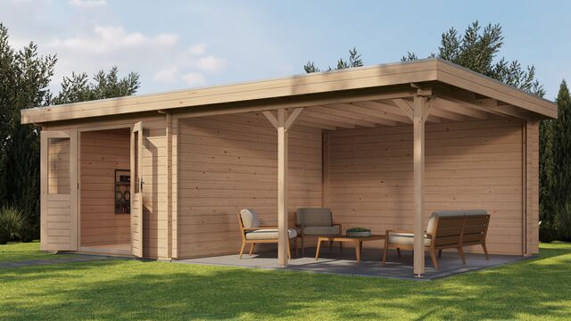 Trädgårdshus Trelleborg - 7x4m (28 kvm) - Obehandlat – Framifrån vy av förrådet i trädgårdsmiljö.